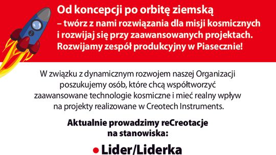 CREOTECH - pracuj przy produkcji podzespołów, które znajdą się w kosmosie! CREOTECH - pracuj przy produkcji podzespołów, które znajdą się w kosmosie!