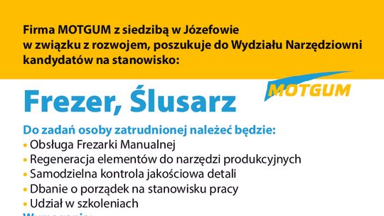 Firma Motgum zatrudni Frezera, Ślusarza