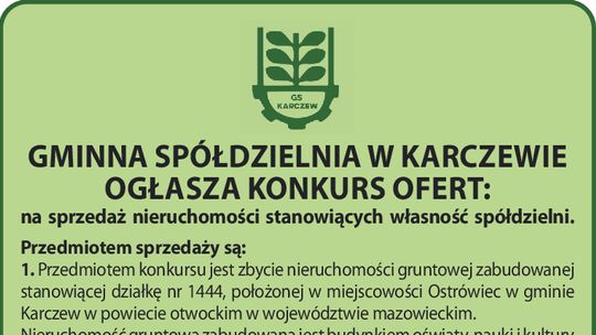 GMINNA SPÓŁDZIELNIA W KARCZEWIE OGŁASZA KONKURS OFERT: