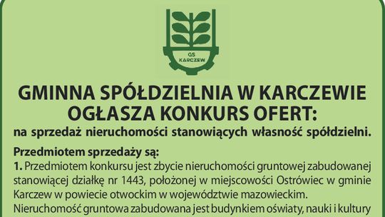 GMINNA SPÓŁDZIELNIA W KARCZEWIE OGŁASZA KONKURS OFERT: