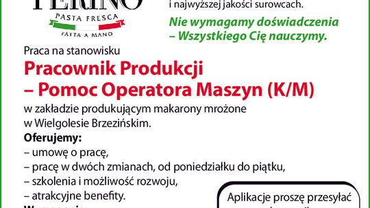 Praca na stanowisku:  Pracownik Produkcji – Pomoc Operatora Maszyn (K/M)