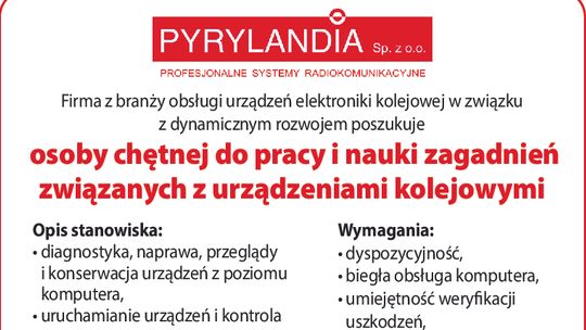 Pyrylandia poszukuje osoby chętnej do pracy i nauki zagadnień związanych z urządzeniami kolejowymi