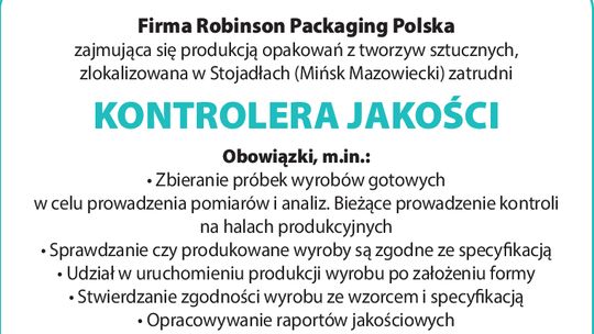 Robinson Packaging Polska zatrudni KONTROLERA JAKOŚCI