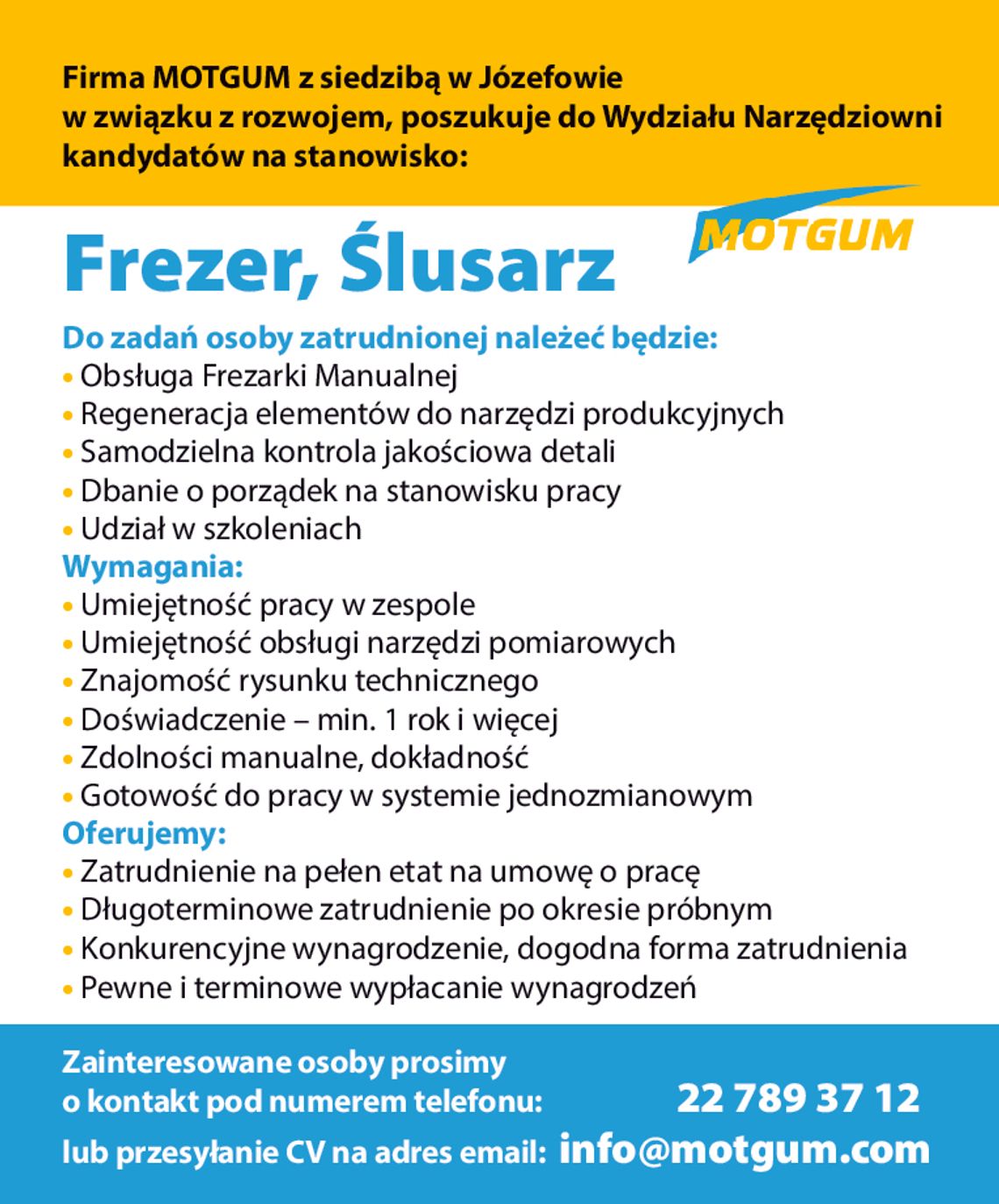 Firma Motgum zatrudni Frezera, Ślusarza