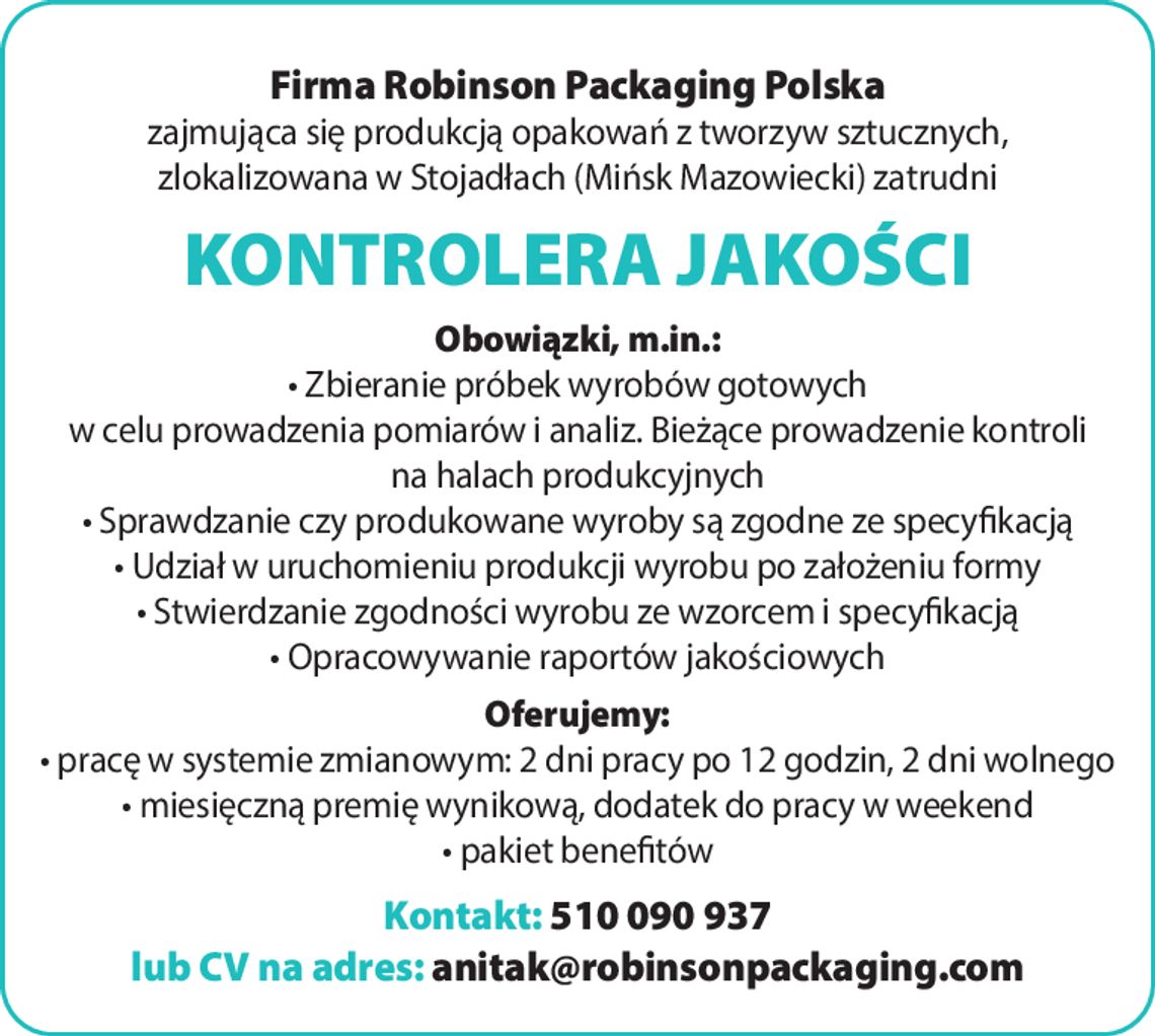 Robinson Packaging Polska zatrudni KONTROLERA JAKOŚCI Robinson Packaging Polska zatrudni KONTROLERA JAKOŚCI