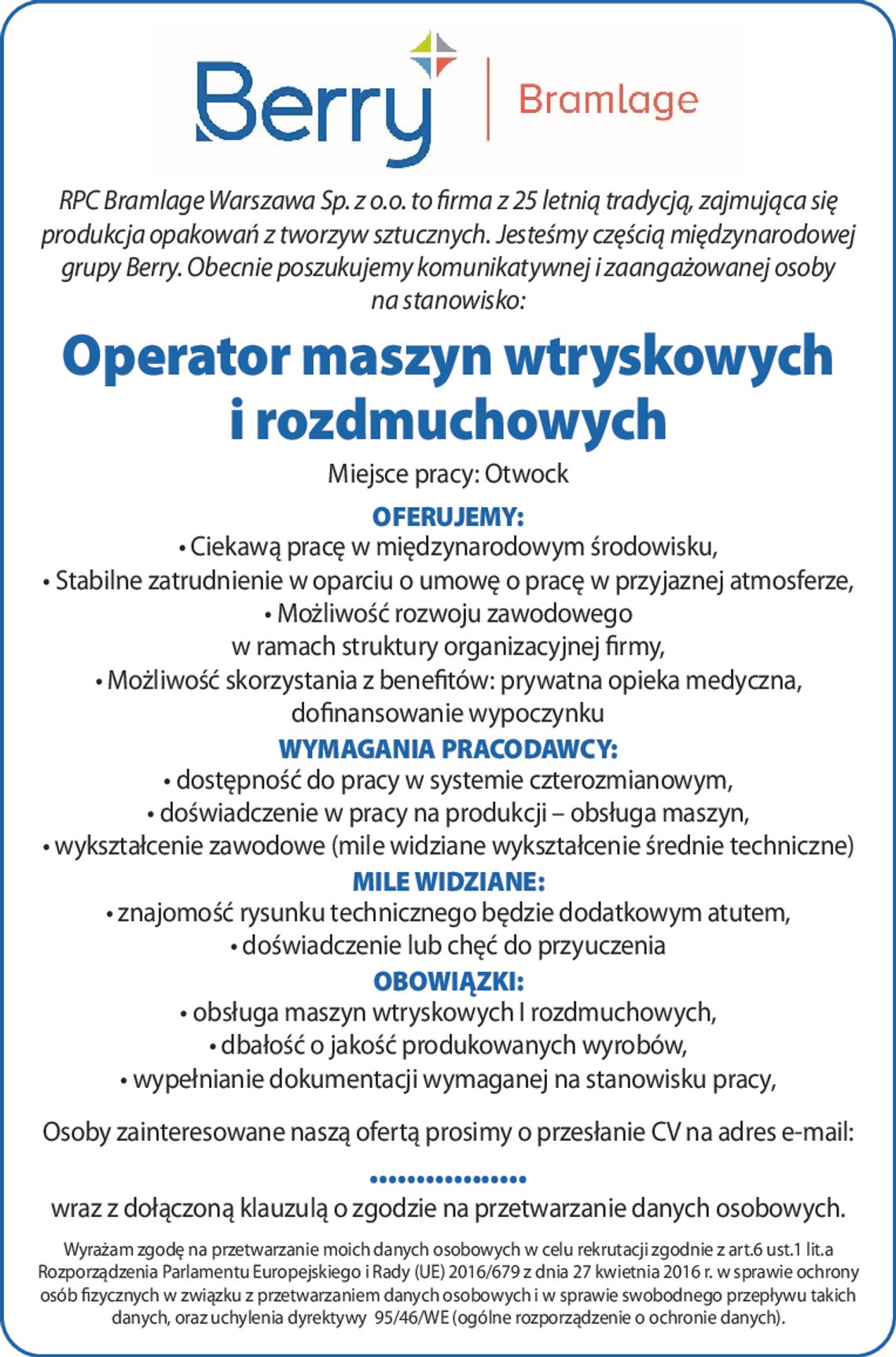 Zatrudnimy - Operatora maszyn wtryskowych i rozdmuchowych